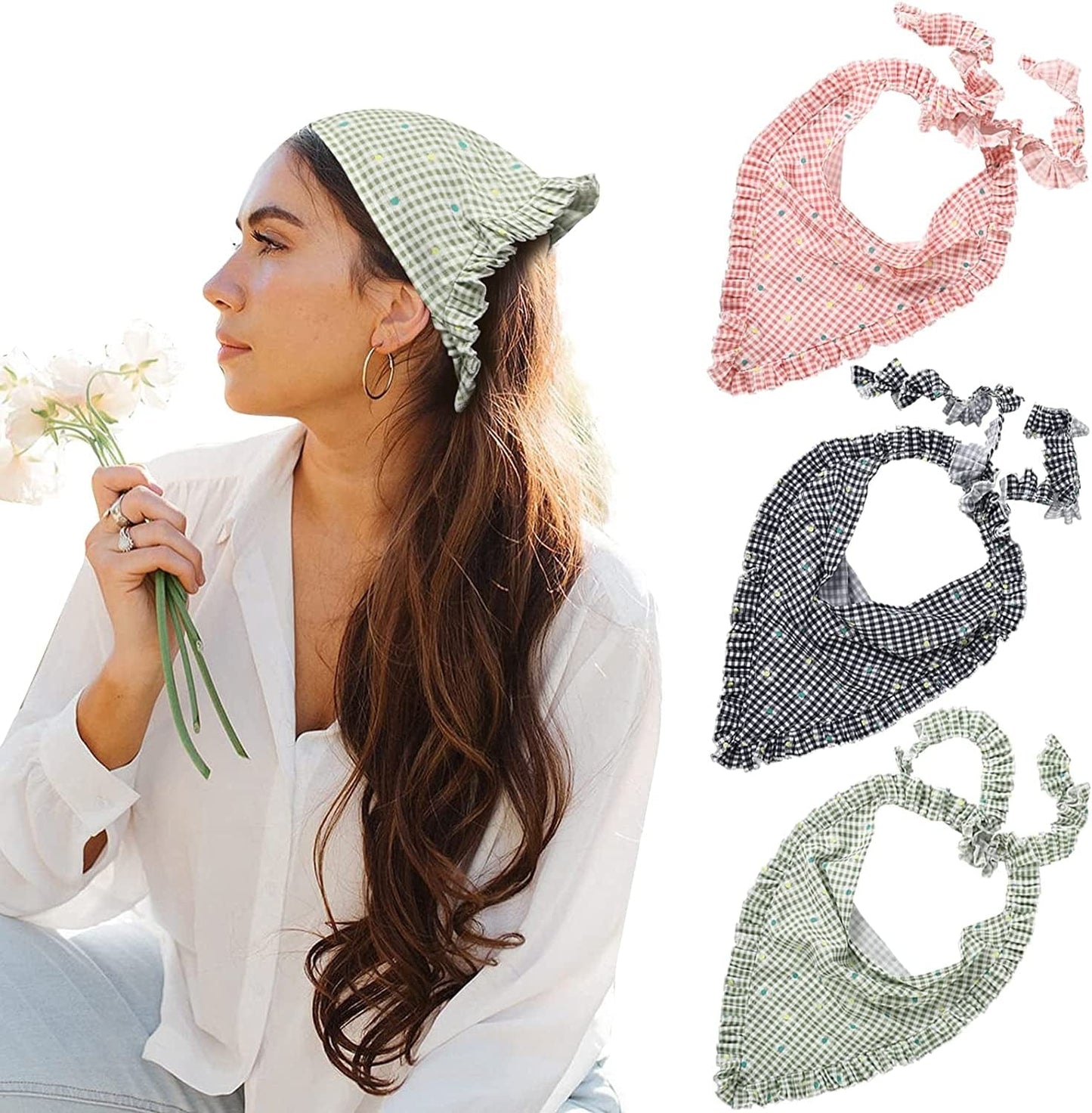 3 PCS Floral Hair Bandanas Head Kerchief - Women Bandana Print Chiffon Hair Scarf Triangle Hair Kerchief with Ties Head Scarf Apparel & Accessories > Clothing Accessories > Bandanas & Headties CHLINS Floral Pleated Plaid (Black + Pink + Green)