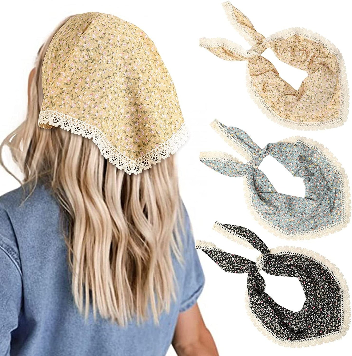 3 PCS Floral Hair Bandanas Head Kerchief - Women Bandana Print Chiffon Hair Scarf Triangle Hair Kerchief with Ties Head Scarf Apparel & Accessories > Clothing Accessories > Bandanas & Headties CHLINS Floral Lace(black + Light Blue + Light Coffee)