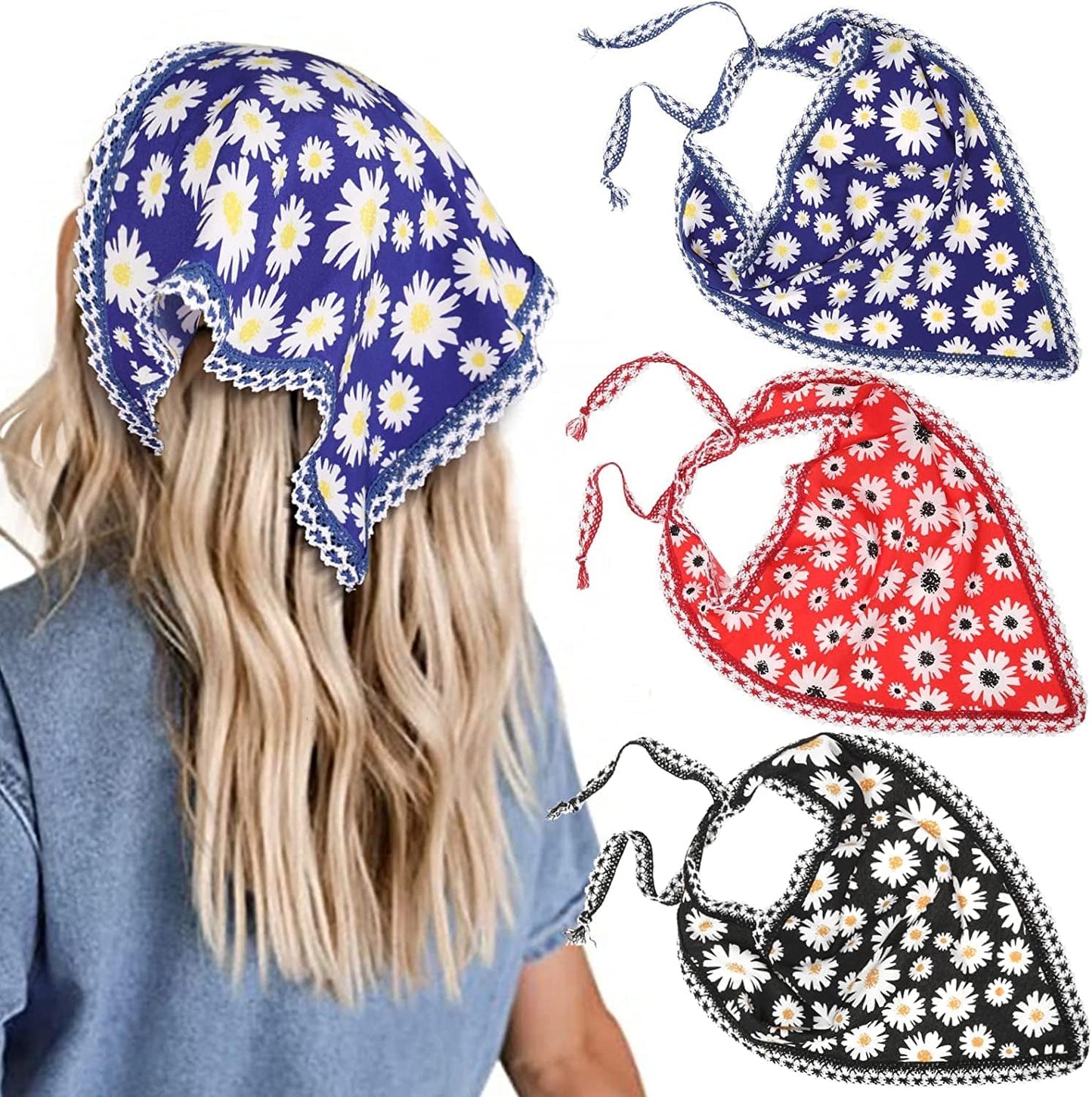 3 PCS Floral Hair Bandanas Head Kerchief - Women Bandana Print Chiffon Hair Scarf Triangle Hair Kerchief with Ties Head Scarf Apparel & Accessories > Clothing Accessories > Bandanas & Headties CHLINS Daisy Lace (Red + Black + Dark Blue)