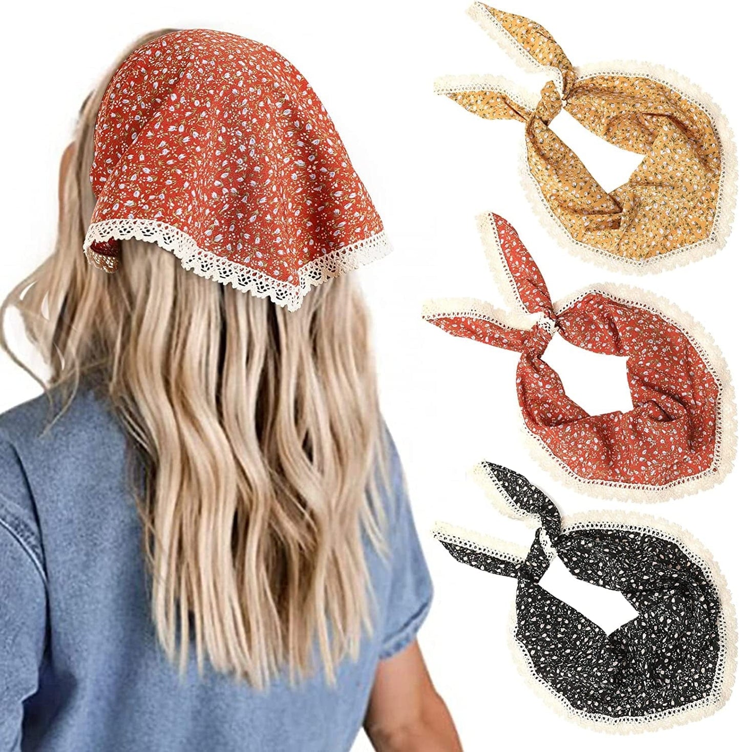 3 PCS Floral Hair Bandanas Head Kerchief - Women Bandana Print Chiffon Hair Scarf Triangle Hair Kerchief with Ties Head Scarf Apparel & Accessories > Clothing Accessories > Bandanas & Headties CHLINS Floral Lace(Red+Brown+Black)