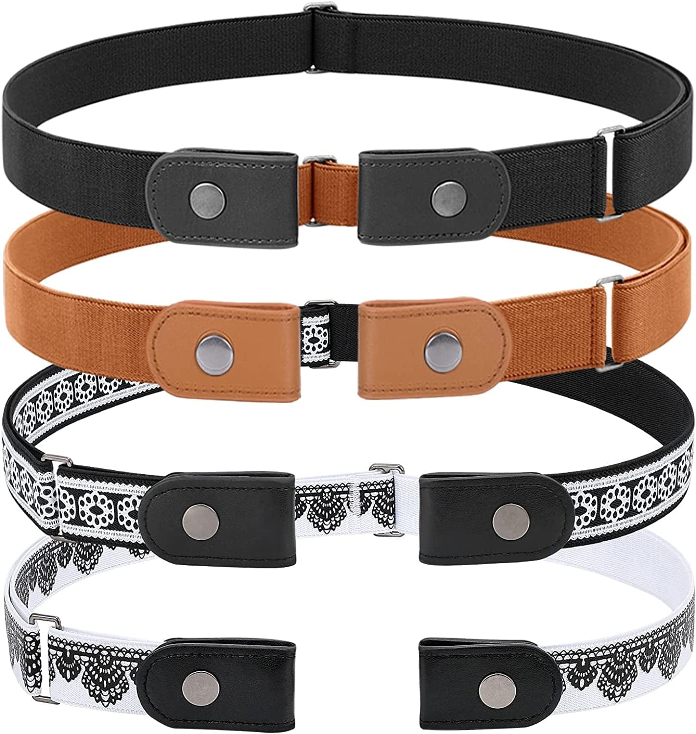 3 Pieces 4 Pieces Buckle Free Adjustable Women Belt, WHIPPY No Buckle Invisible Elastic Belt for Jeans Pants Apparel & Accessories > Clothing Accessories > Belts WHIPPY 4-black01/Brown/Black02/White L: Fit Pants Size 32"-48"
