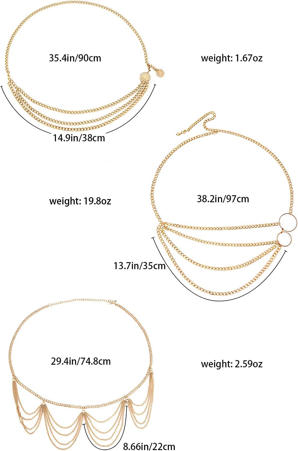 3 Pieces Belly Waist Chain Multi Layer Metal Waist Chain Body Summer Beach Chain for Women and Girls Apparel & Accessories > Jewelry > Body Jewelry Hicarer