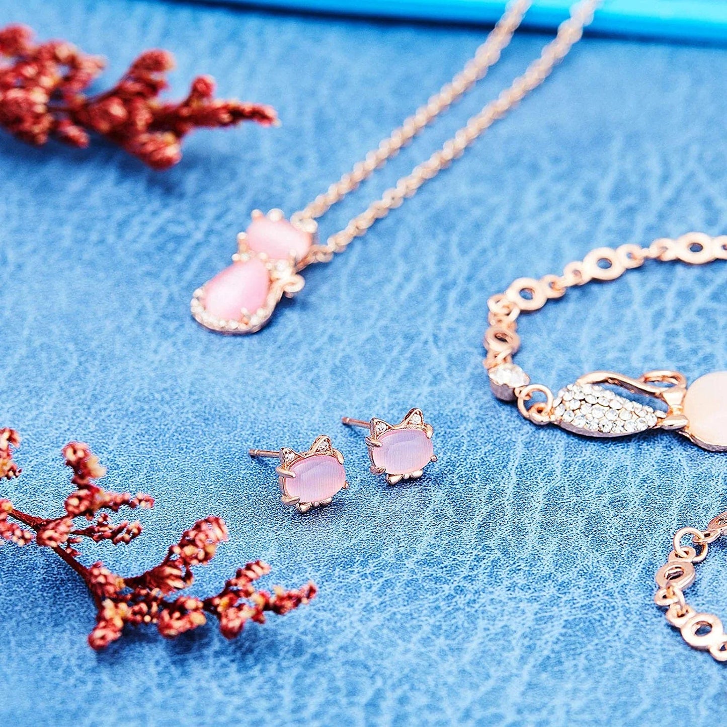 3 Pieces Cat Jewelry for Girls Set Cat Necklace Cat Bracelet Earring Pink Opal Pendant for Teen Girls and Women Christmas Gift