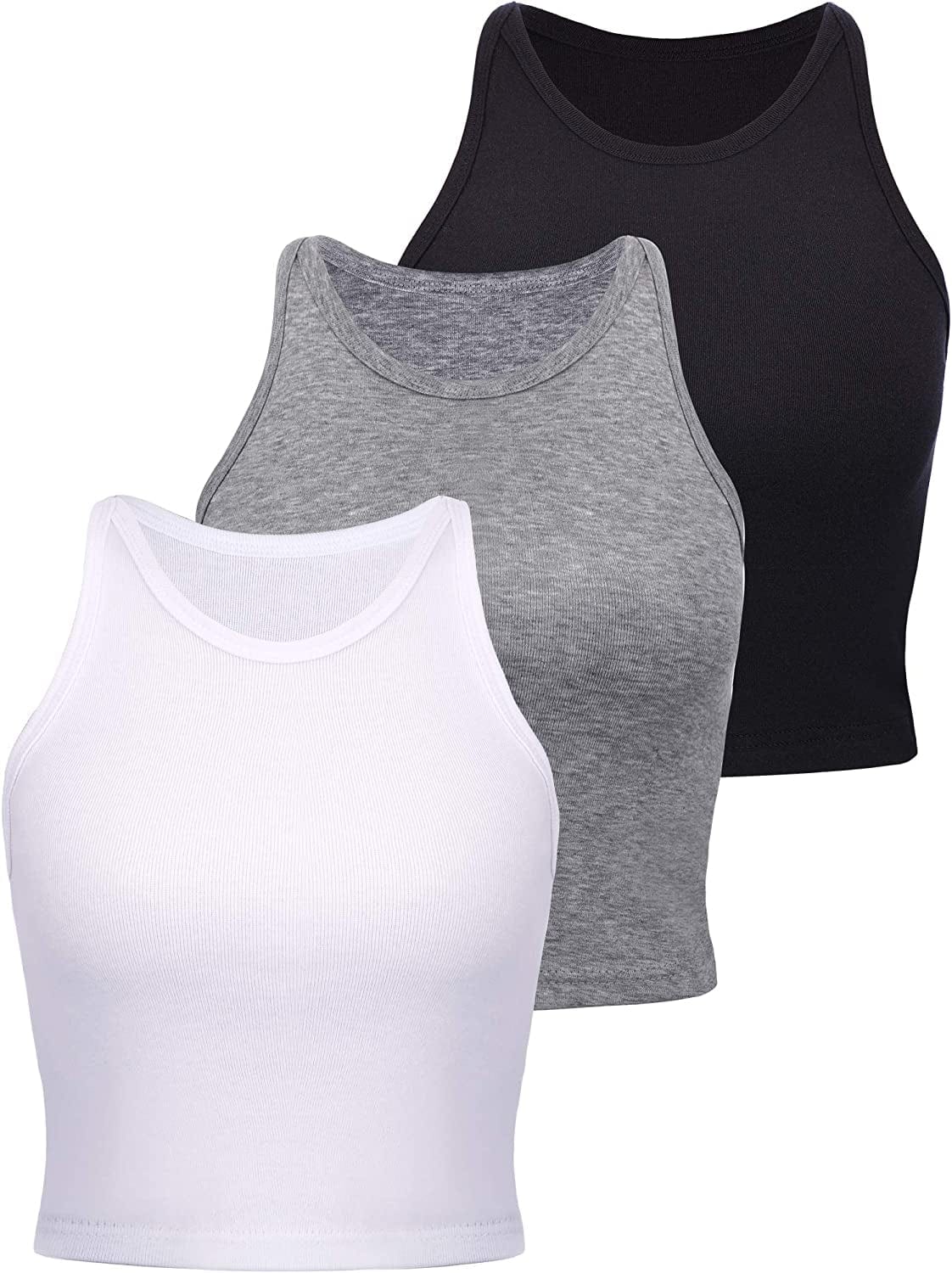 3 Pieces Crop Tops Racerback Crop for Women Crop Tank Workout Tops Cotton Basic Sports Crop for Lady Girls Black, White, Light Grey / Large