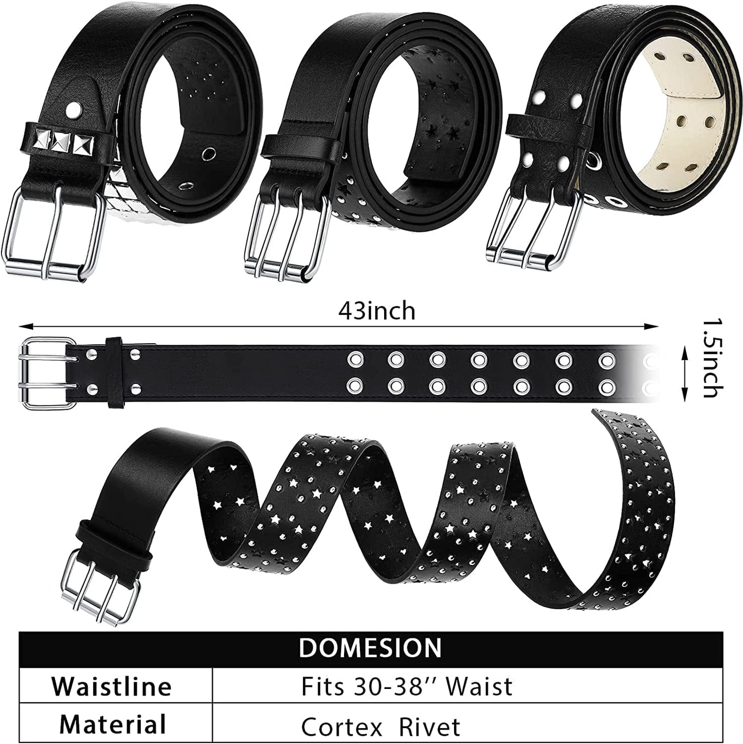 3 Pieces Grommet Belt Black Studded Faux Leather Belt Double Gothic Punk Belt for Women Men Apparel & Accessories > Clothing Accessories > Belts Syhood