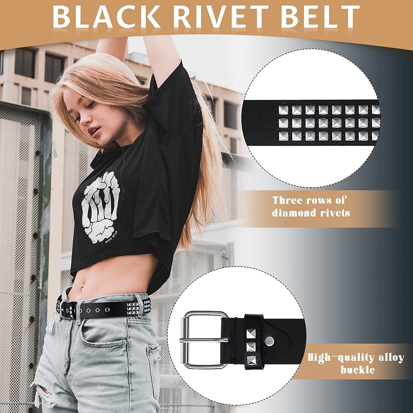 3 Pieces Grommet Belt Black Studded Faux Leather Belt Double Gothic Punk Belt for Women Men Apparel & Accessories > Clothing Accessories > Belts Syhood