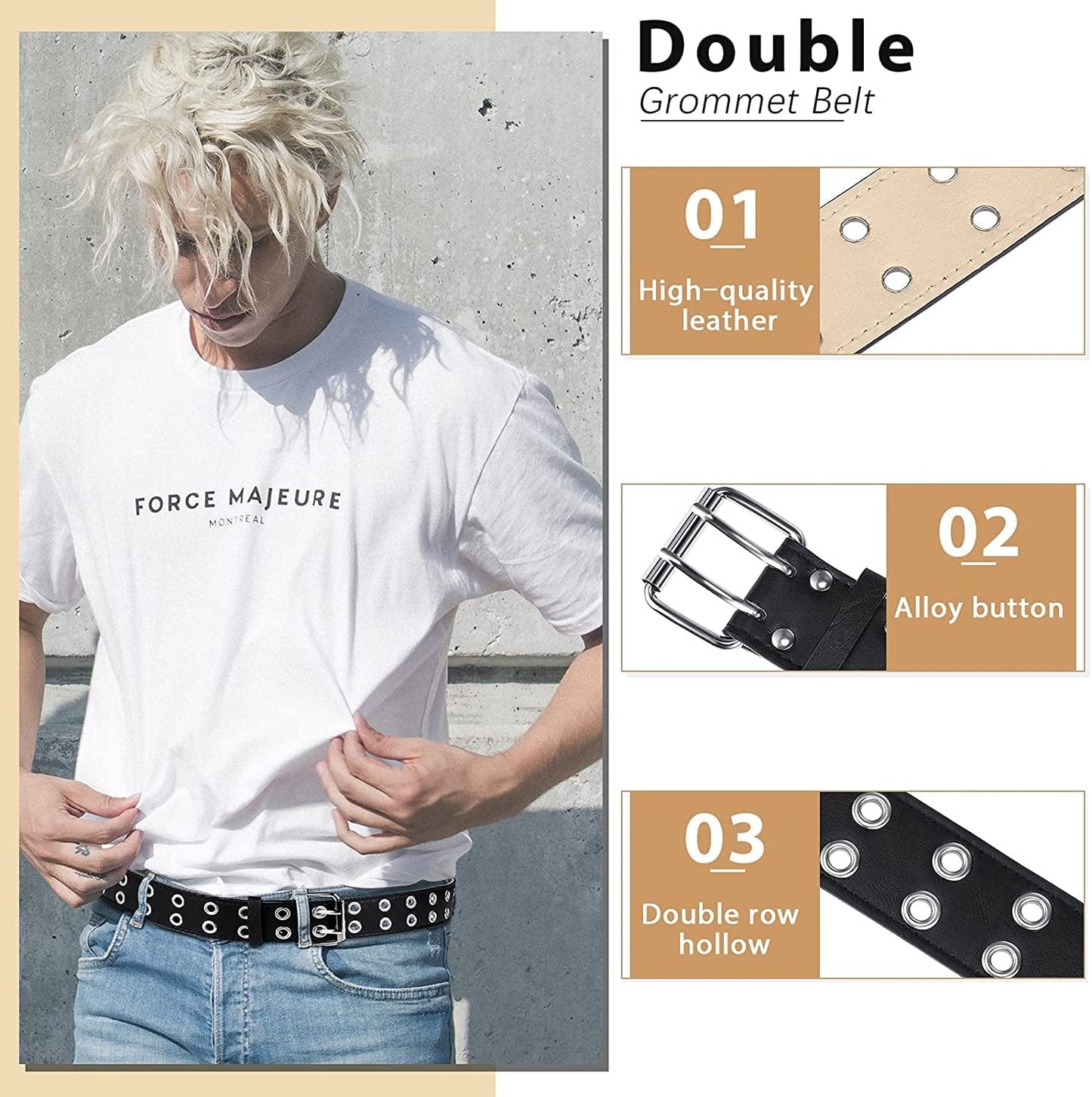 3 Pieces Grommet Belt Black Studded Faux Leather Belt Double Gothic Punk Belt for Women Men Apparel & Accessories > Clothing Accessories > Belts Syhood