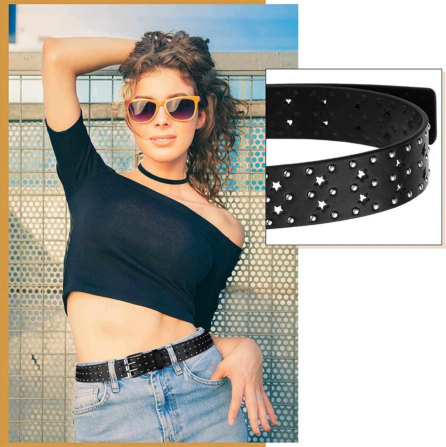 3 Pieces Grommet Belt Black Studded Faux Leather Belt Double Gothic Punk Belt for Women Men Apparel & Accessories > Clothing Accessories > Belts Syhood