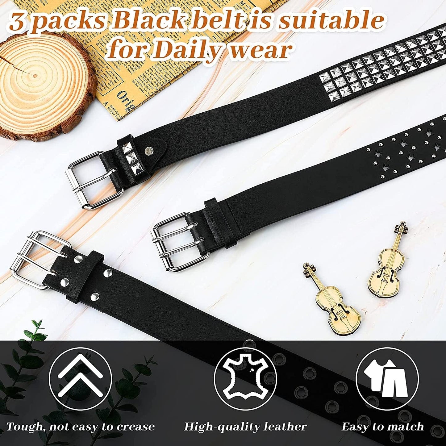 3 Pieces Grommet Belt Black Studded Faux Leather Belt Double Gothic Punk Belt for Women Men Apparel & Accessories > Clothing Accessories > Belts Syhood