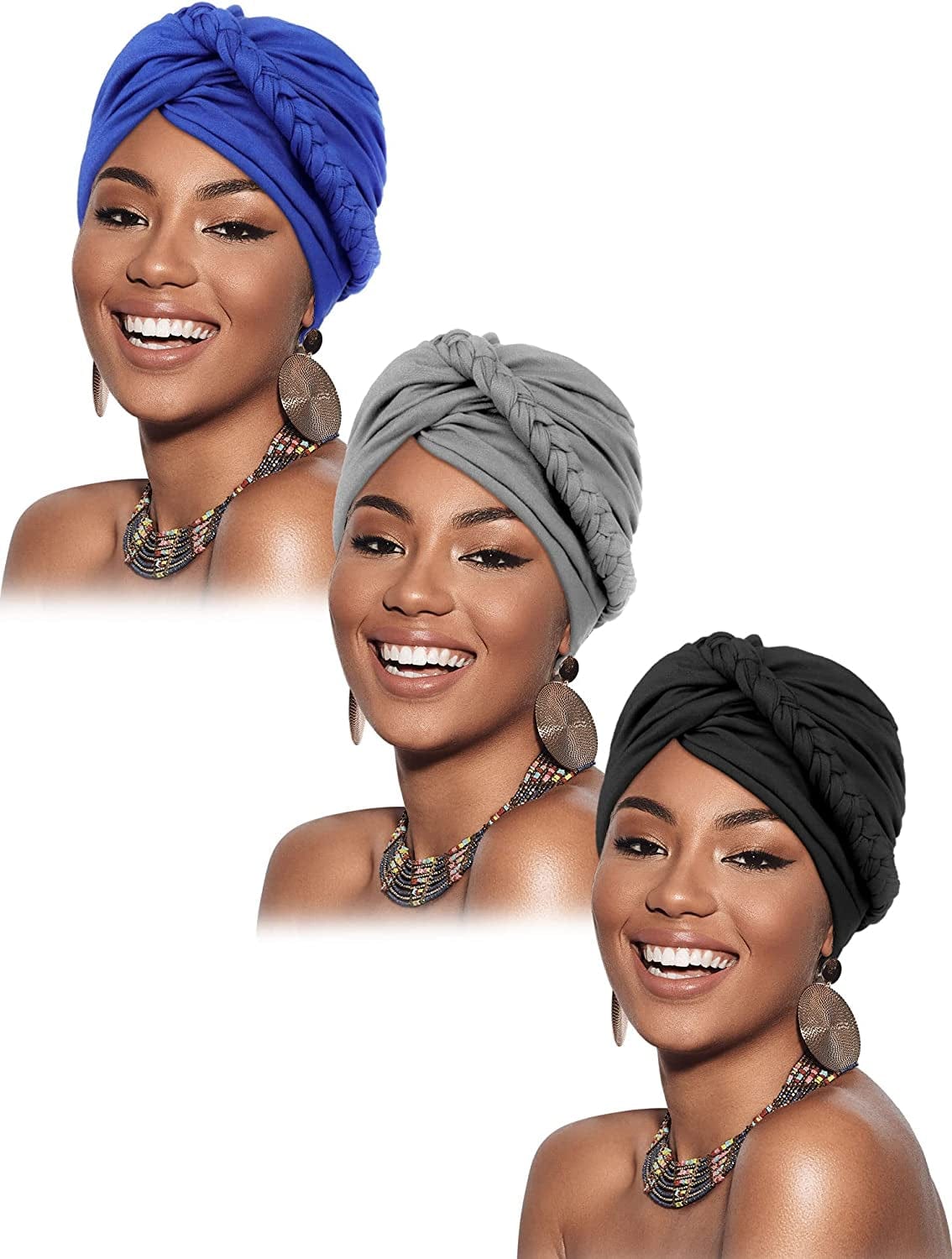 3 Pieces Head Wrap Turban Headwear Pre-Tied Twisted Braid Hair Cover Headwrap Hats for Women Girls Apparel & Accessories > Clothing Accessories > Headwear Sintege Black, Royal Blue, Gray Classic Style