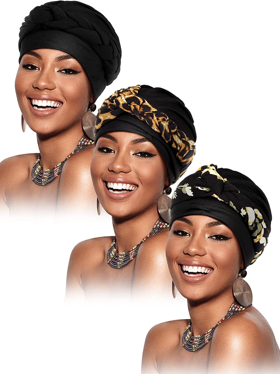 3 Pieces Head Wrap Turban Headwear Pre-Tied Twisted Braid Hair Cover Headwrap Hats for Women Girls Apparel & Accessories > Clothing Accessories > Headwear Sintege Black, Leopard, Black Flower Class Style