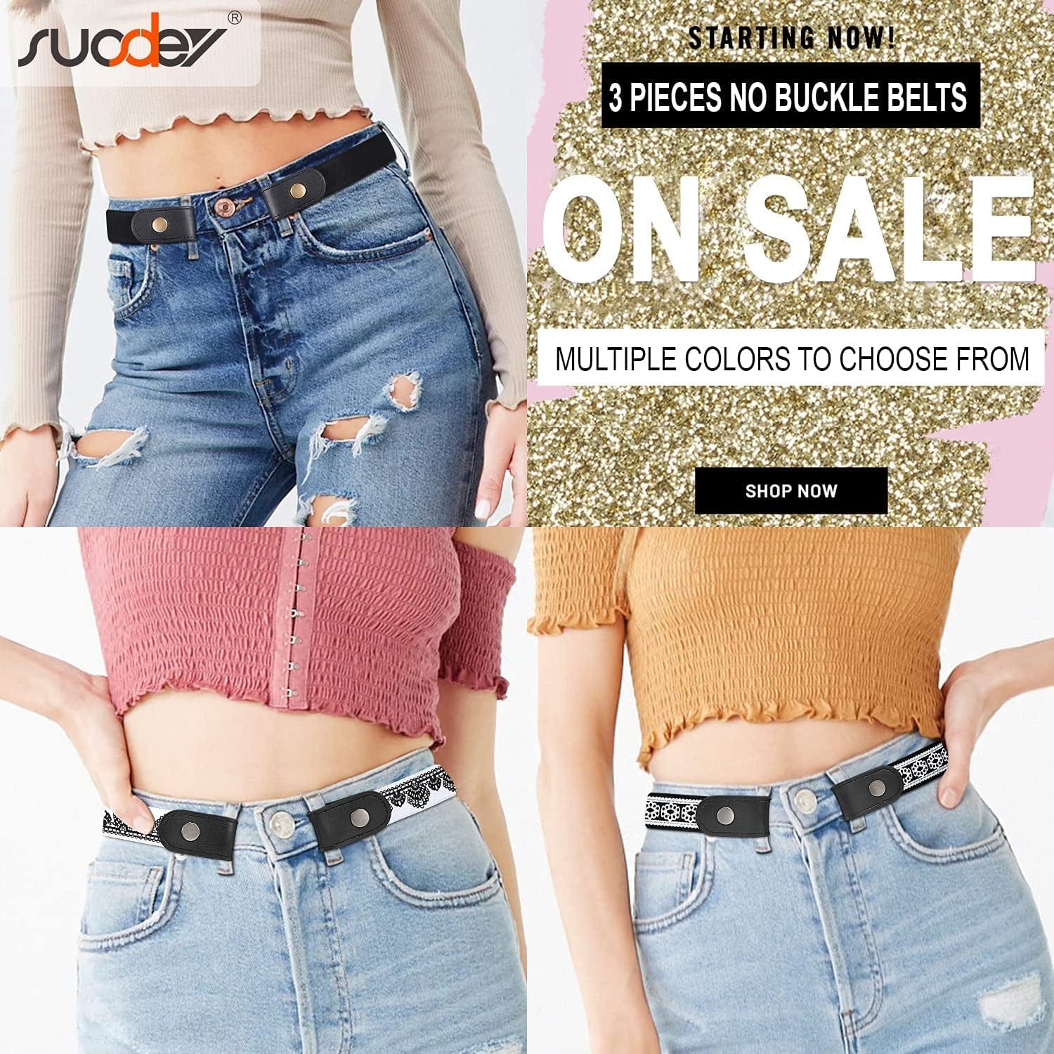 3 Pieces No Buckle Belts SUOSDEY Women Belt, Buckle Free Invisible Elastic Belt for Jeans Pants Apparel & Accessories > Clothing Accessories > Belts SUOSDEY