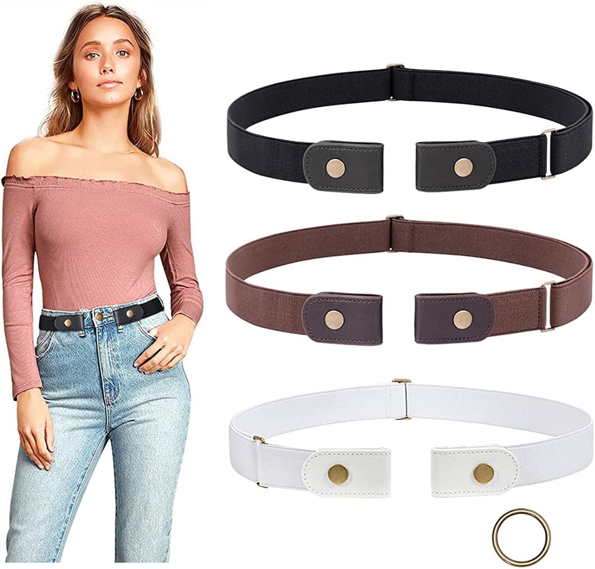 3 Pieces No Buckle Belts SUOSDEY Women Belt, Buckle Free Invisible Elastic Belt for Jeans Pants Apparel & Accessories > Clothing Accessories > Belts SUOSDEY D: Black/Coffee/White Fit Pants Size 34"-48"