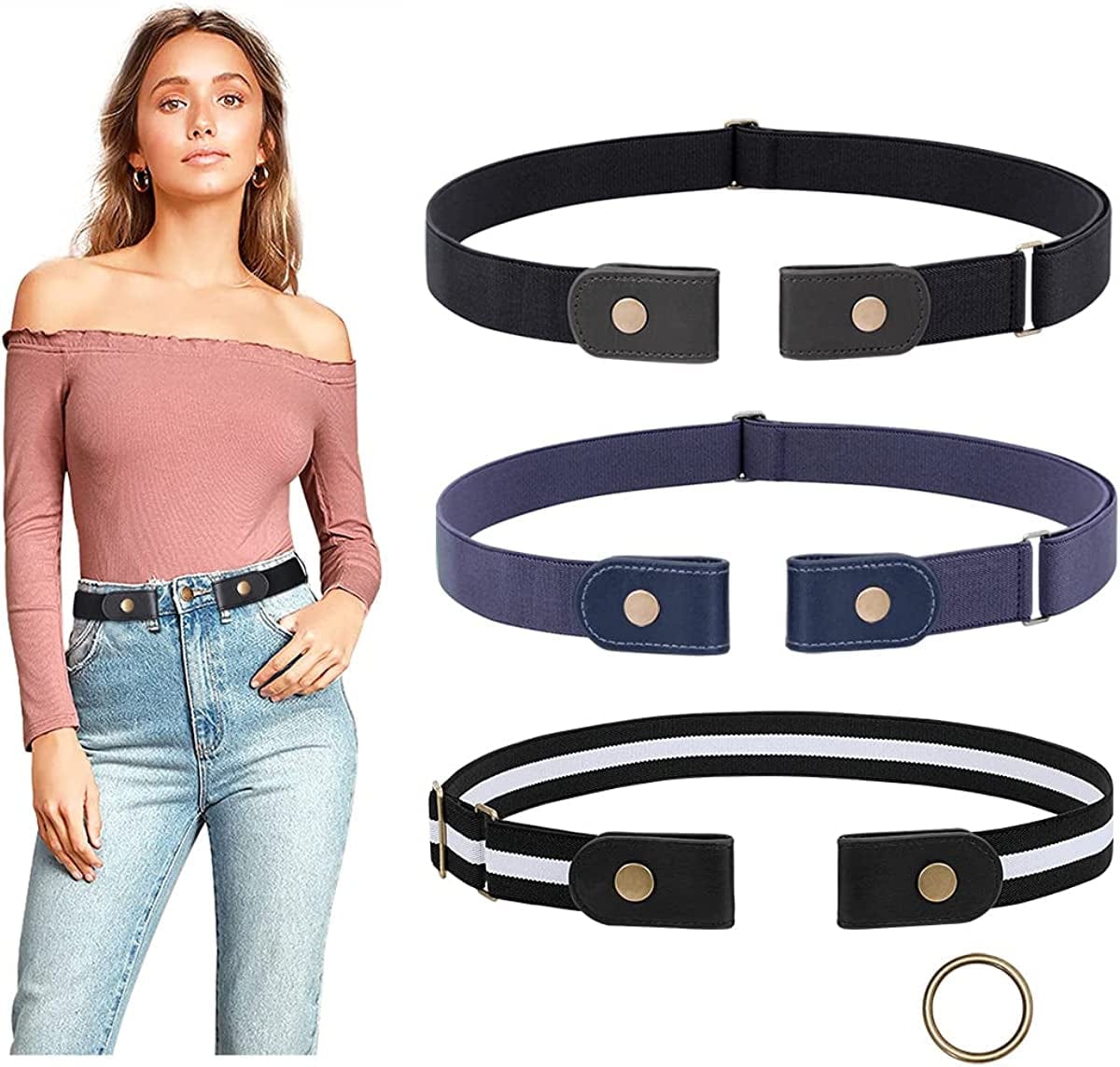 3 Pieces No Buckle Belts SUOSDEY Women Belt, Buckle Free Invisible Elastic Belt for Jeans Pants Apparel & Accessories > Clothing Accessories > Belts SUOSDEY G: Black/Blue/Stripe Fit Pants Size 24"-33"