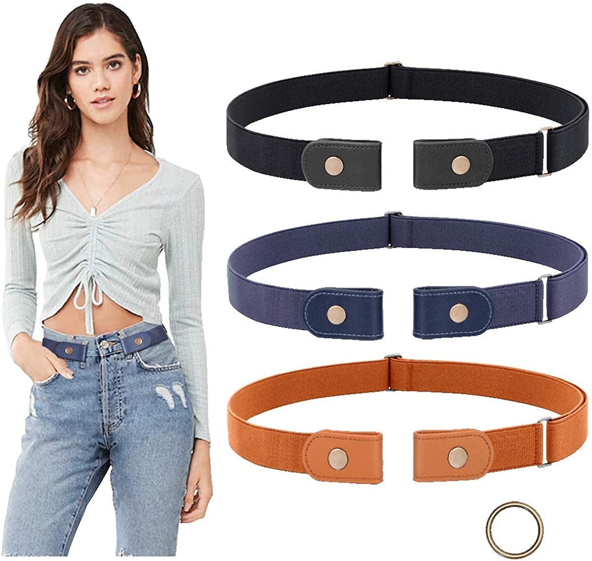 3 Pieces No Buckle Belts SUOSDEY Women Belt, Buckle Free Invisible Elastic Belt for Jeans Pants Apparel & Accessories > Clothing Accessories > Belts SUOSDEY H: Black/Blue/Brown Fit Pants Size 24"-33"