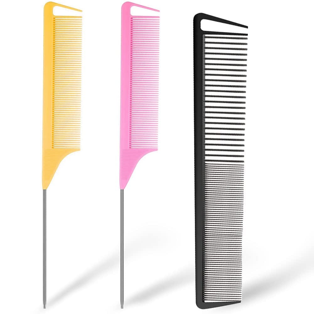 3 Pieces Rat Tail Comb Carbon Fiber Teasing Combs Parting Braids Comb Stainless Steel Pintail Comb Barber Styling Combs for Women Men Fine Teeth Salon Hairdressing Hair Care Tools Health & Beauty > Personal Care > Hair Care CROCOSTAR Yellow+Pink+Black