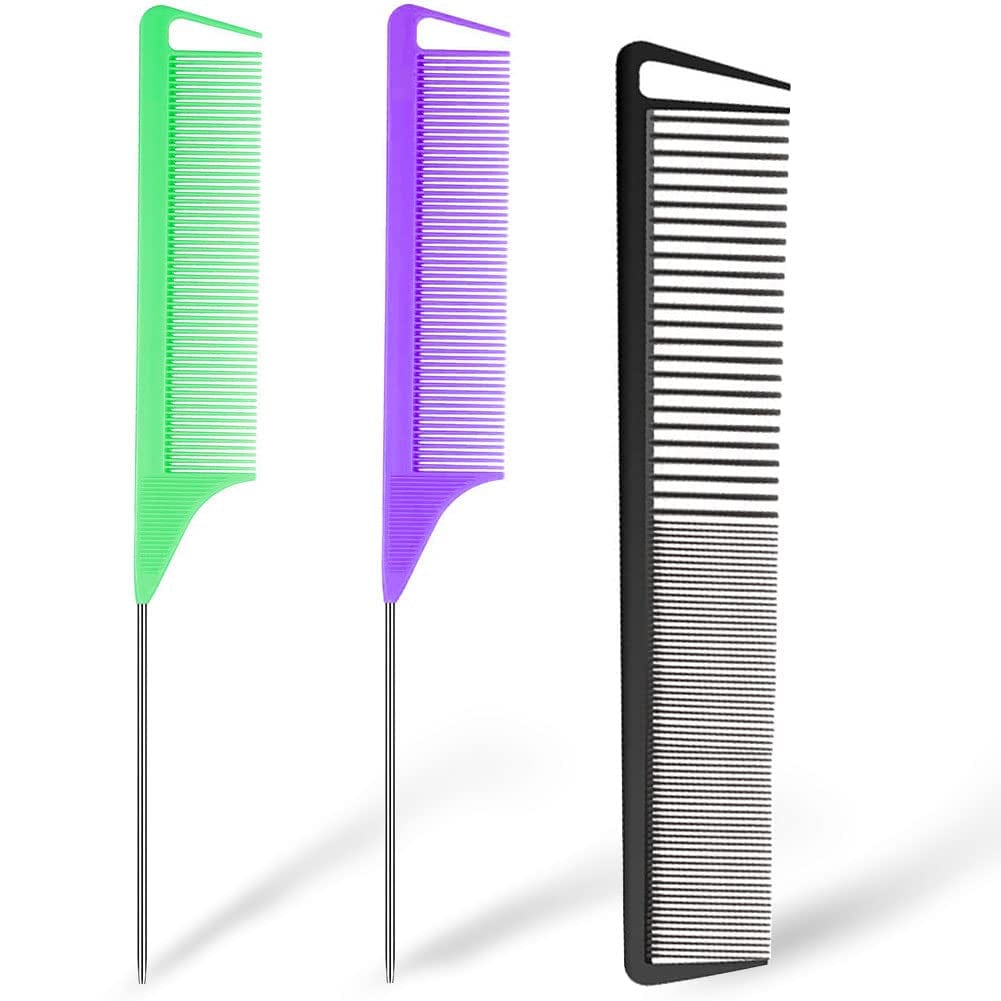 3 Pieces Rat Tail Comb Carbon Fiber Teasing Combs Parting Braids Comb Stainless Steel Pintail Comb Barber Styling Combs for Women Men Fine Teeth Salon Hairdressing Hair Care Tools Health & Beauty > Personal Care > Hair Care CROCOSTAR Green+Purple+Black