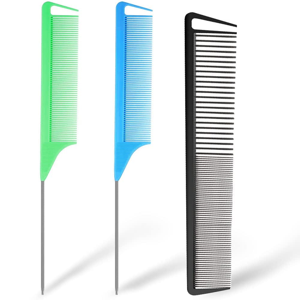 3 Pieces Rat Tail Comb Carbon Fiber Teasing Combs Parting Braids Comb Stainless Steel Pintail Comb Barber Styling Combs for Women Men Fine Teeth Salon Hairdressing Hair Care Tools Health & Beauty > Personal Care > Hair Care CROCOSTAR Green+Blue+Black