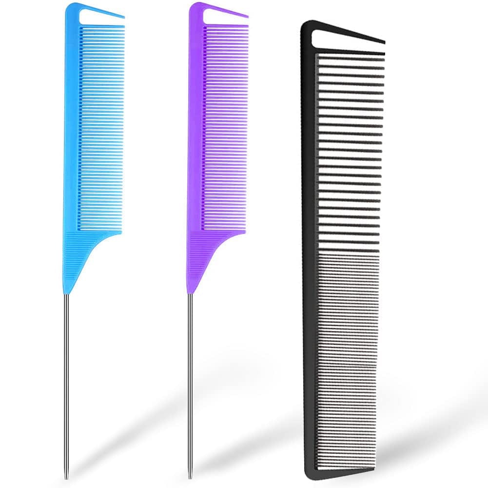 3 Pieces Rat Tail Comb Carbon Fiber Teasing Combs Parting Braids Comb Stainless Steel Pintail Comb Barber Styling Combs for Women Men Fine Teeth Salon Hairdressing Hair Care Tools Health & Beauty > Personal Care > Hair Care CROCOSTAR Purple+Blue+Black