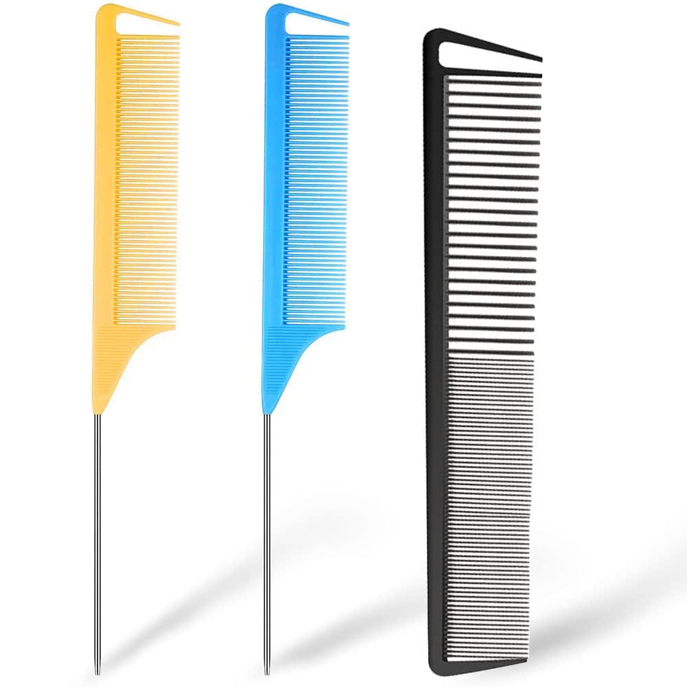3 Pieces Rat Tail Comb Carbon Fiber Teasing Combs Parting Braids Comb Stainless Steel Pintail Comb Barber Styling Combs for Women Men Fine Teeth Salon Hairdressing Hair Care Tools Health & Beauty > Personal Care > Hair Care CROCOSTAR Yellow+Blue+Black