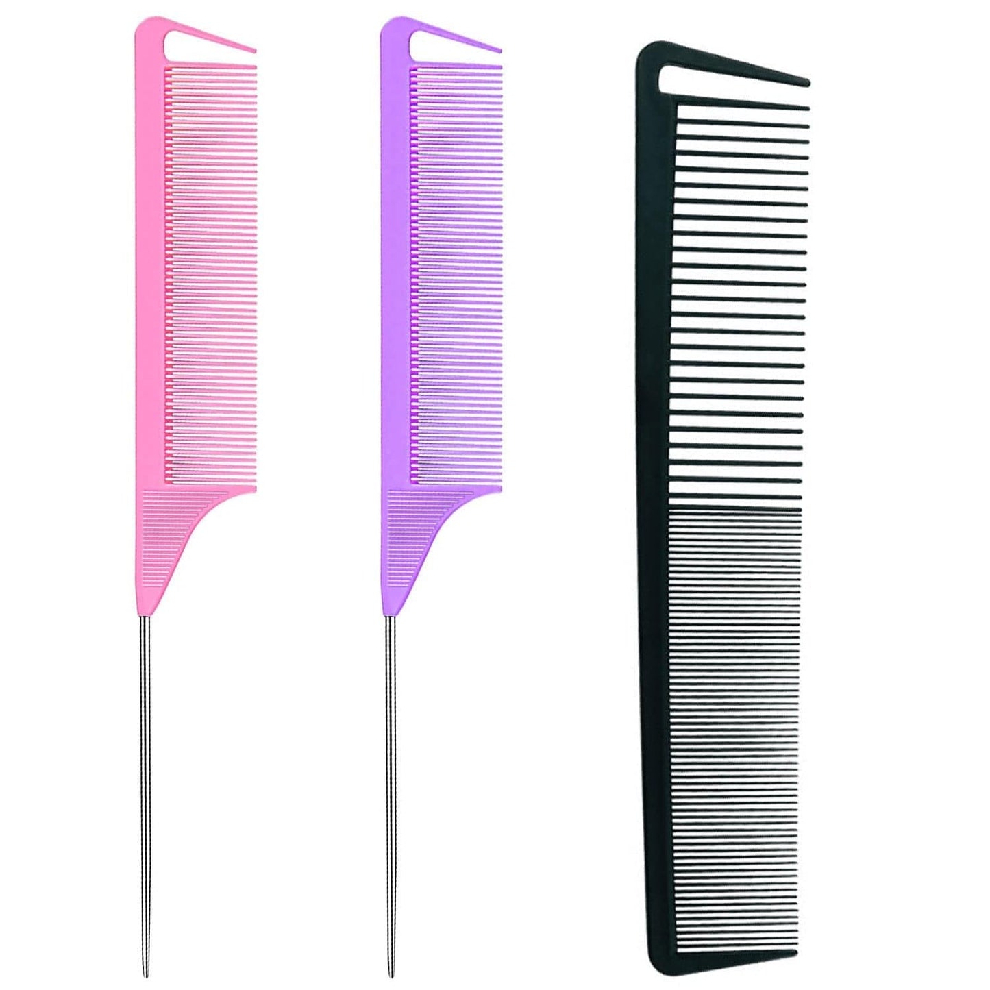 3 Pieces Rat Tail Comb Carbon Fiber Teasing Combs Parting Braids Comb Stainless Steel Pintail Comb Barber Styling Combs for Women Men Fine Teeth Salon Hairdressing Hair Care Tools Health & Beauty > Personal Care > Hair Care CROCOSTAR Black+Pink+Purple