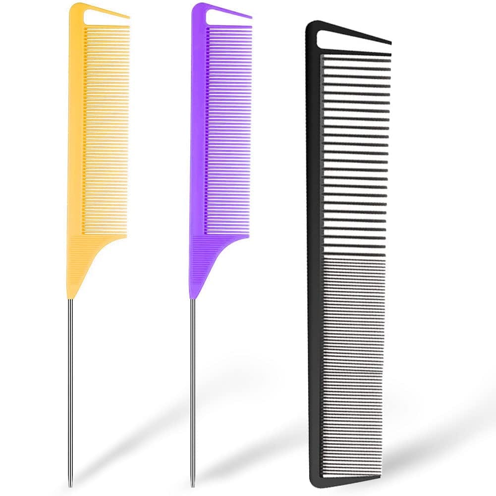 3 Pieces Rat Tail Comb Carbon Fiber Teasing Combs Parting Braids Comb Stainless Steel Pintail Comb Barber Styling Combs for Women Men Fine Teeth Salon Hairdressing Hair Care Tools Health & Beauty > Personal Care > Hair Care CROCOSTAR Yellow+Purple+Black