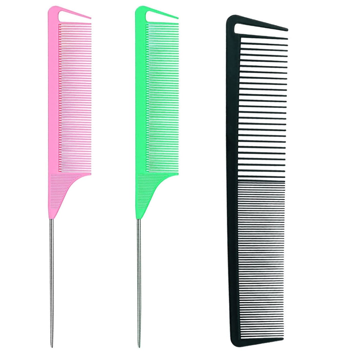 3 Pieces Rat Tail Comb Carbon Fiber Teasing Combs Parting Braids Comb Stainless Steel Pintail Comb Barber Styling Combs for Women Men Fine Teeth Salon Hairdressing Hair Care Tools Health & Beauty > Personal Care > Hair Care CROCOSTAR Black+Pink+Green