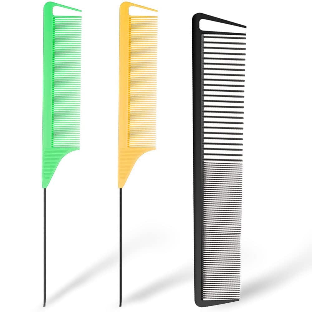 3 Pieces Rat Tail Comb Carbon Fiber Teasing Combs Parting Braids Comb Stainless Steel Pintail Comb Barber Styling Combs for Women Men Fine Teeth Salon Hairdressing Hair Care Tools Health & Beauty > Personal Care > Hair Care CROCOSTAR Green+Yellow+Black