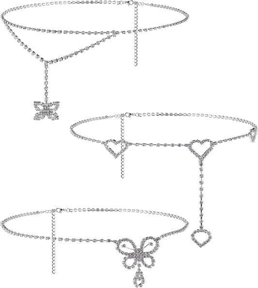 3 Pieces Rhinestone Waist Belly Chains for Women Diamond Heart Butterfly Waist Chain Crystal Jewelry Body Chain Summer Beach Body Accessories for Jewelry Girls Apparel & Accessories > Jewelry > Body Jewelry MTLEE