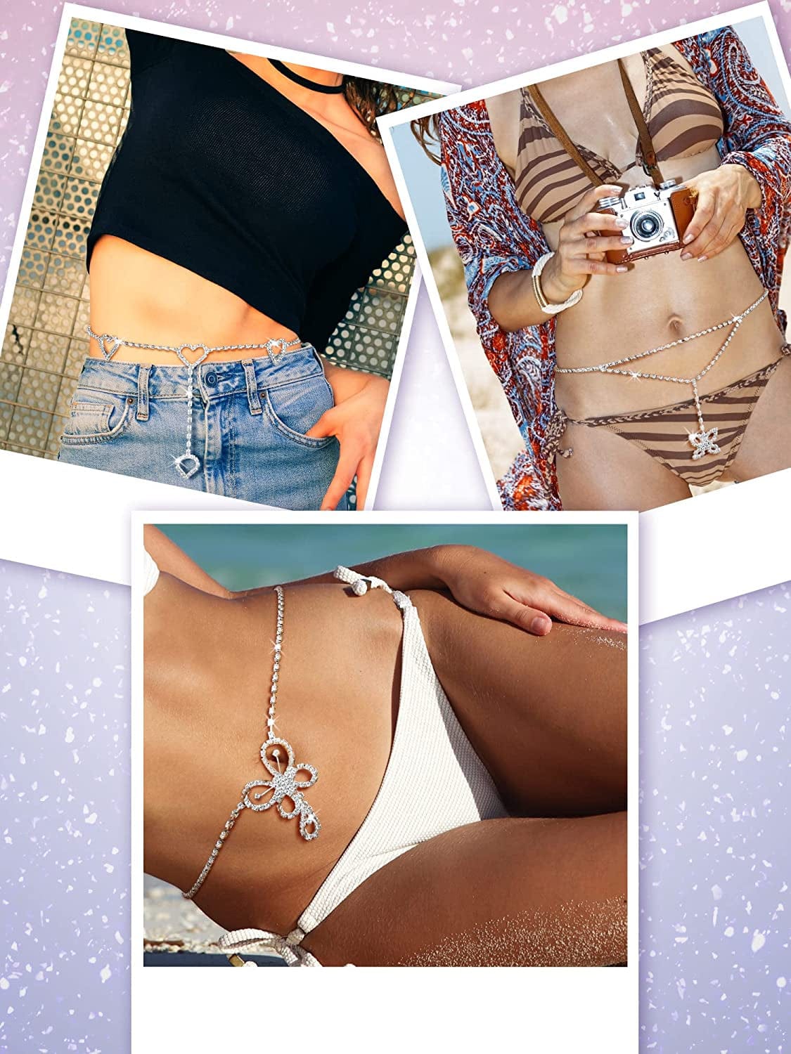 3 Pieces Rhinestone Waist Belly Chains for Women Diamond Heart Butterfly Waist Chain Crystal Jewelry Body Chain Summer Beach Body Accessories for Jewelry Girls Apparel & Accessories > Jewelry > Body Jewelry MTLEE