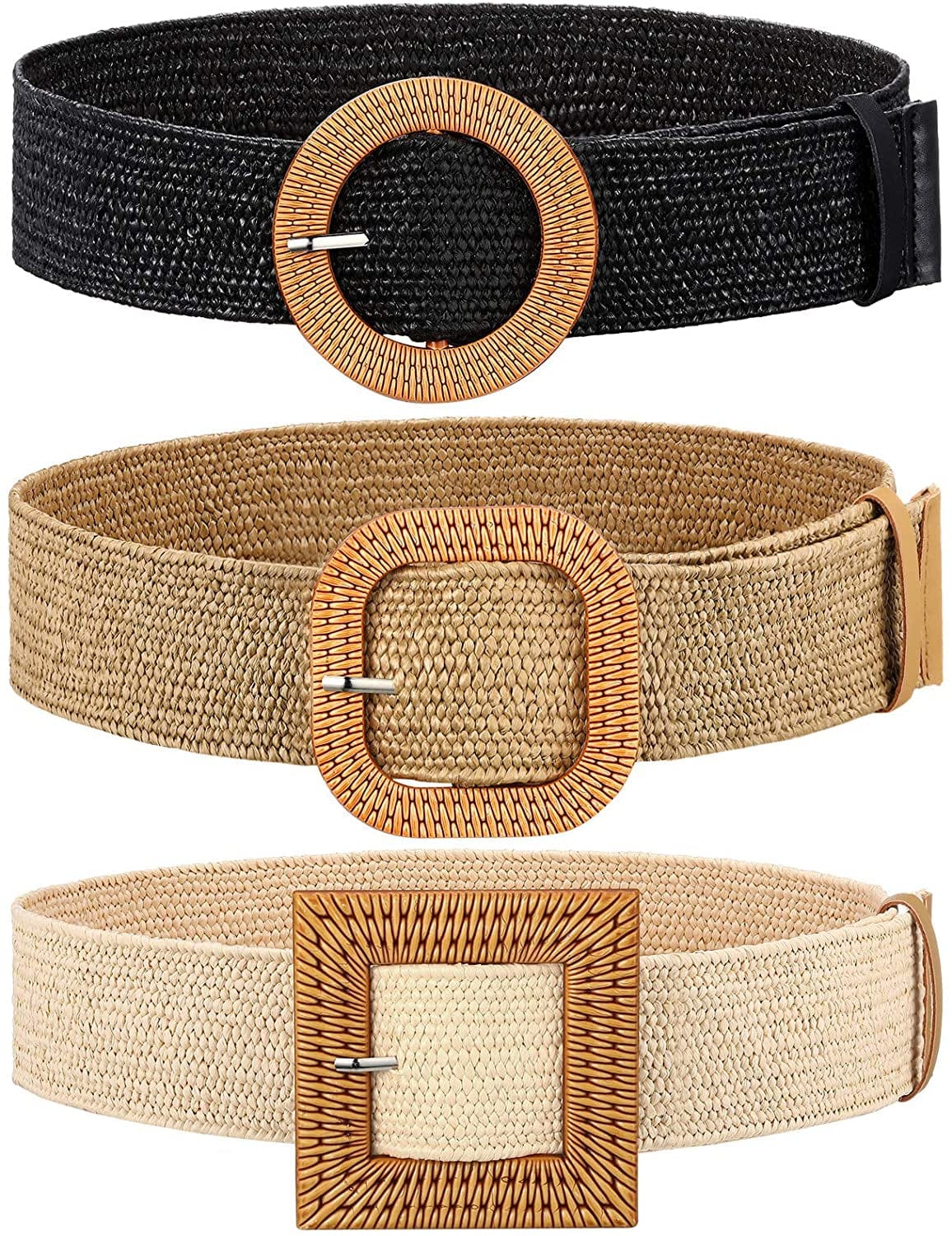 3 Pieces Straw Woven Elastic Waist Belt for Women Bohemian Dress Braided Belt Apparel & Accessories > Clothing Accessories > Belts Syhood Black, Khaki, Beige 96 cm
