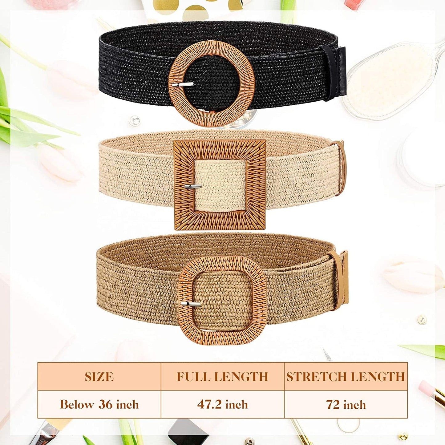 3 Pieces Straw Woven Elastic Waist Belt for Women Bohemian Dress Braided Belt Apparel & Accessories > Clothing Accessories > Belts Syhood