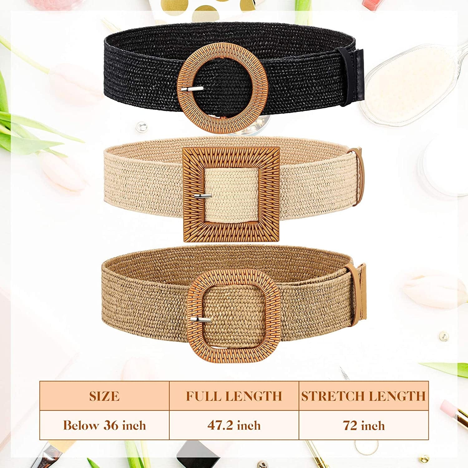 3 Pieces Straw Woven Elastic Waist Belt for Women Bohemian Dress Braided Belt Apparel & Accessories > Clothing Accessories > Belts Syhood