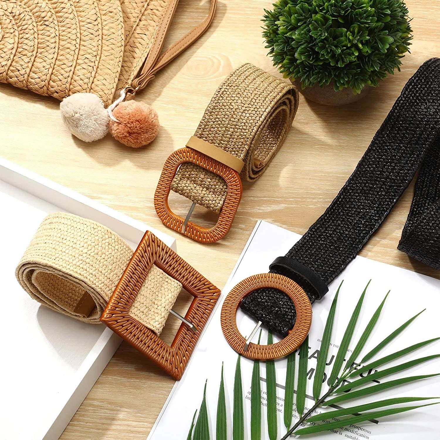 3 Pieces Straw Woven Elastic Waist Belt for Women Bohemian Dress Braided Belt Apparel & Accessories > Clothing Accessories > Belts Syhood