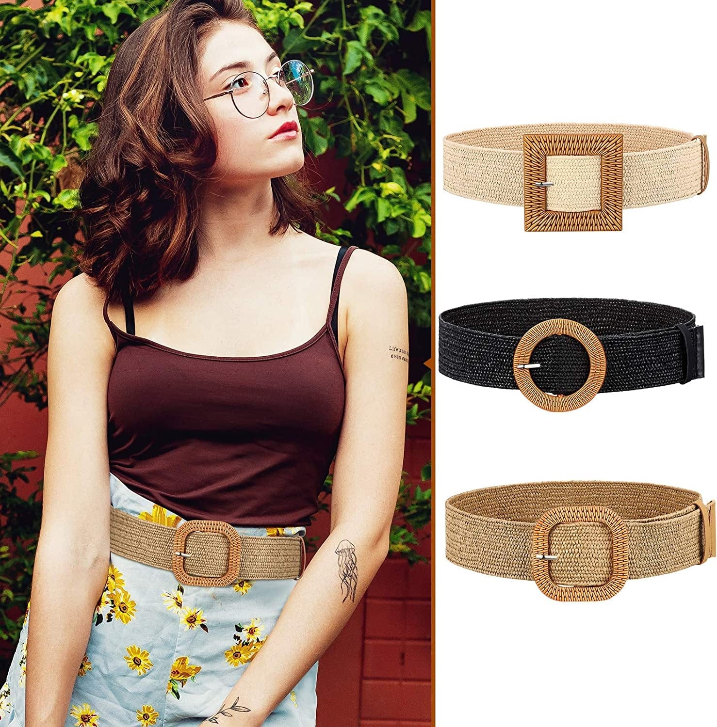 3 Pieces Straw Woven Elastic Waist Belt for Women Bohemian Dress Braided Belt Apparel & Accessories > Clothing Accessories > Belts Syhood