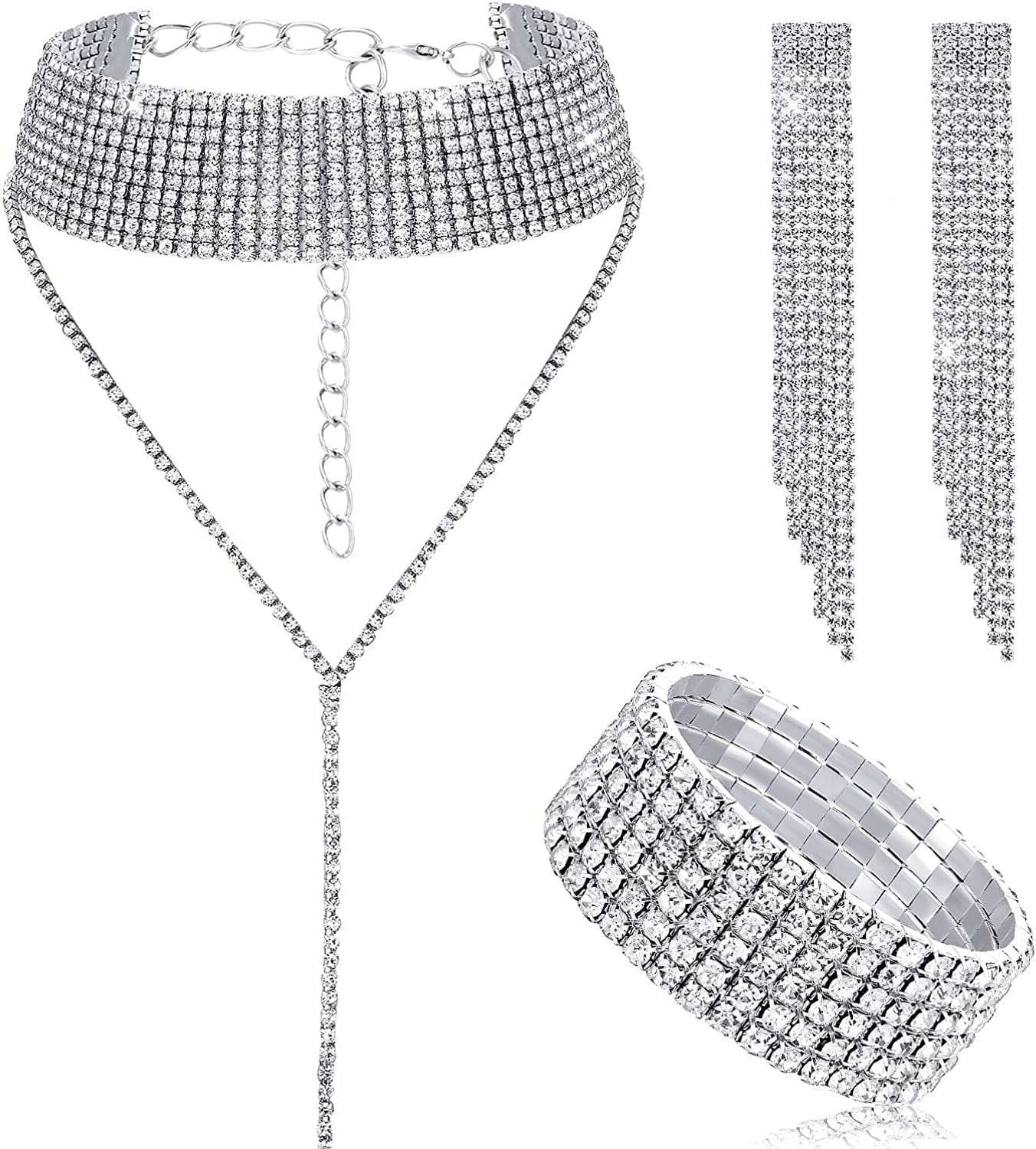 3 Pieces Women Rhinestone Jewelry Set Rhinestone Tassel Choker Necklace Fringe Bracelet Crystal Dangling Earring for Wedding Bridal Party Silver