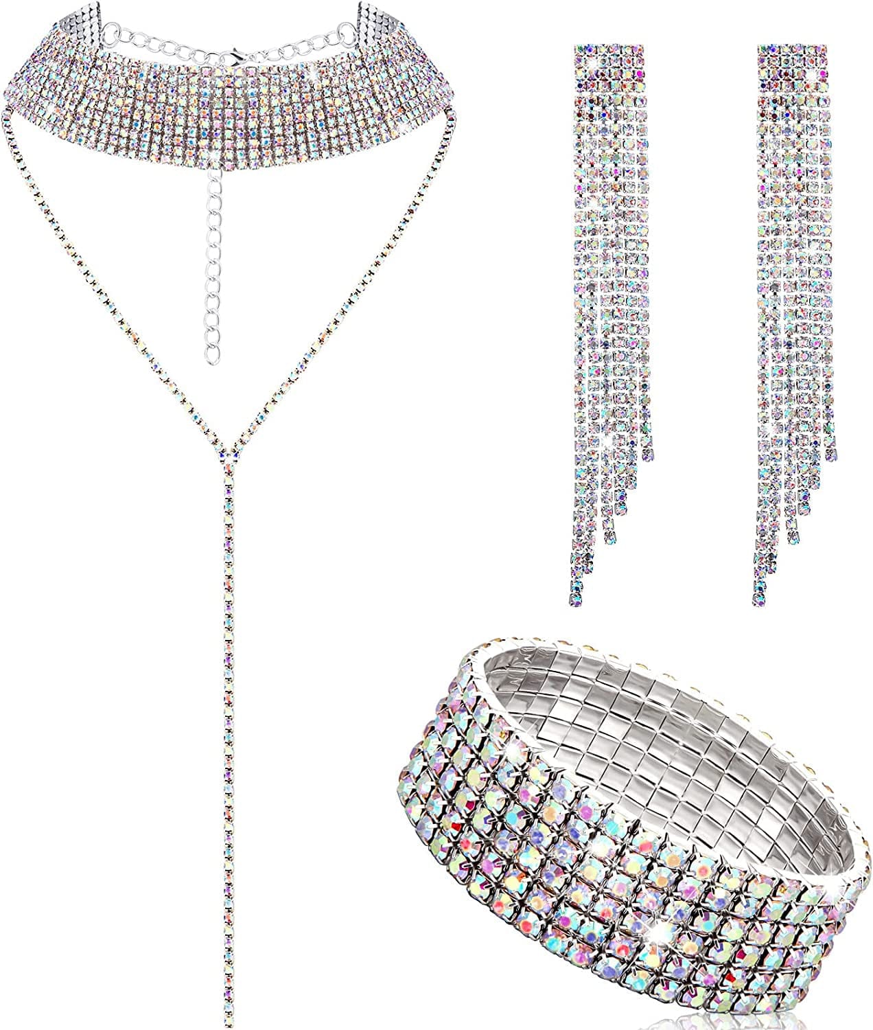 3 Pieces Women Rhinestone Jewelry Set Rhinestone Tassel Choker Necklace Fringe Bracelet Crystal Dangling Earring for Wedding Bridal Party AB Color