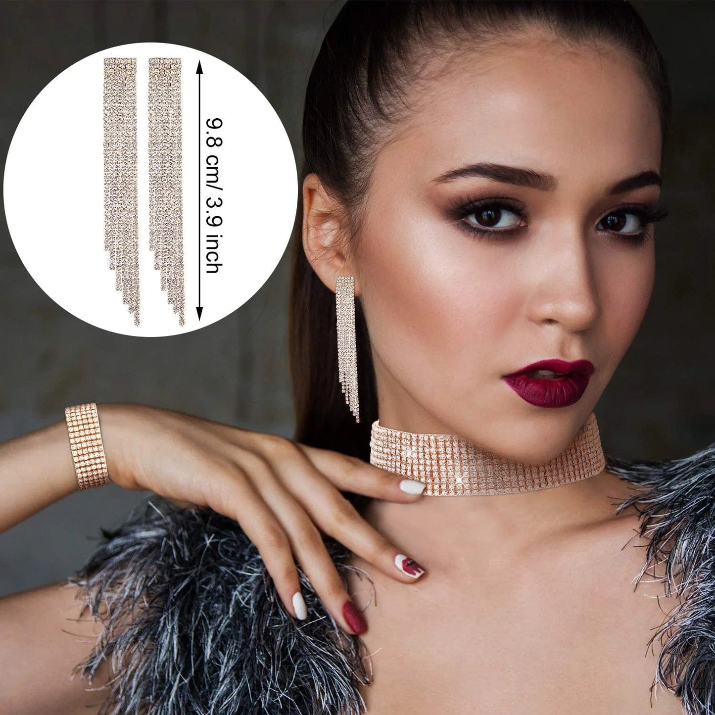 3 Pieces Women Rhinestone Jewelry Set Rhinestone Tassel Choker Necklace Fringe Bracelet Crystal Dangling Earring for Wedding Bridal Party