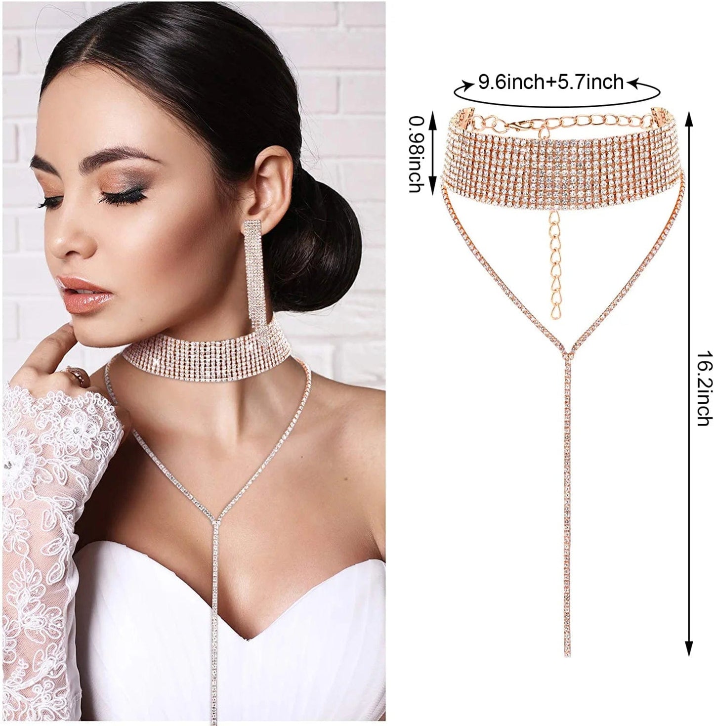 3 Pieces Women Rhinestone Jewelry Set Rhinestone Tassel Choker Necklace Fringe Bracelet Crystal Dangling Earring for Wedding Bridal Party