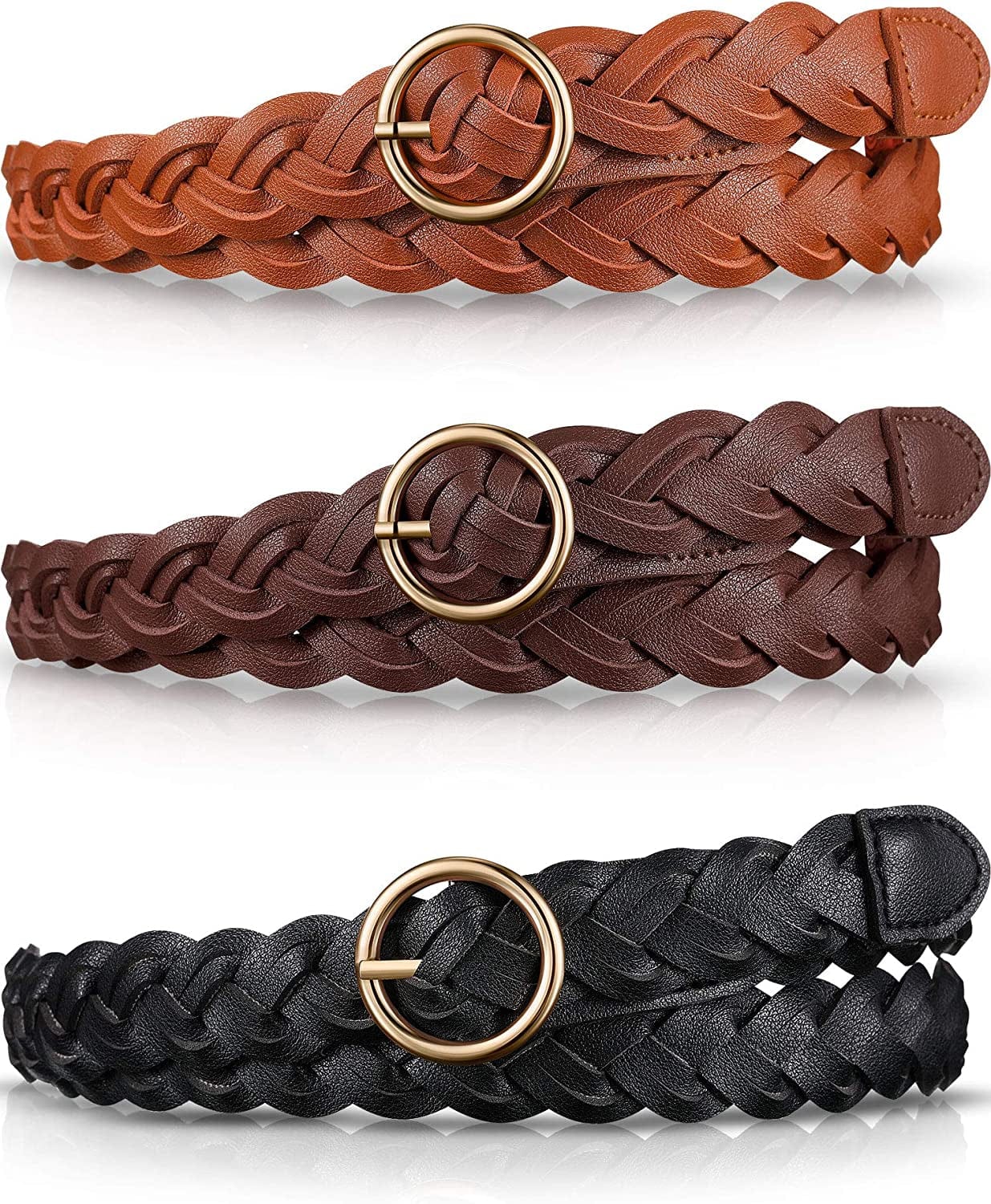 3 Pieces Women'S Braided Leather Belt Skinny Woven Braided Belt O-Ring Buckle Leather Belt for Dress, Jean, Skirt, Pant Apparel & Accessories > Clothing Accessories > Belts SATINIOR Black, Brown, Light Brown
