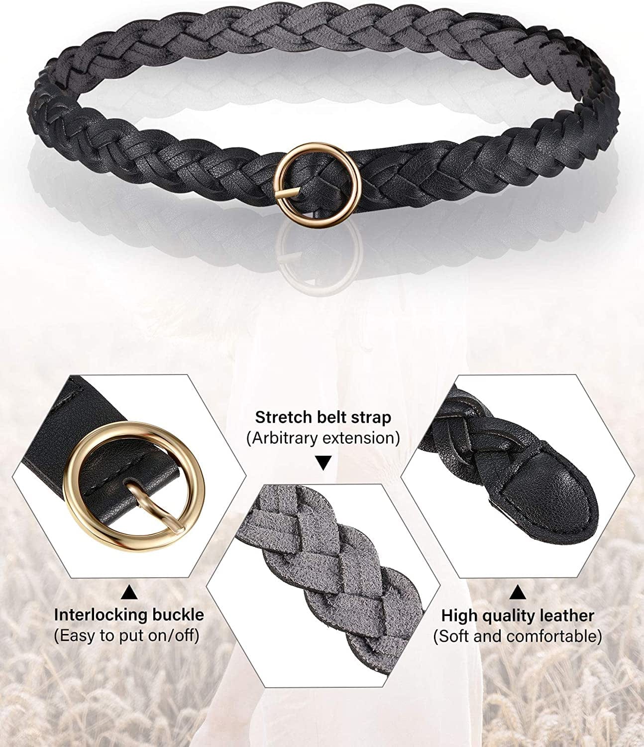 3 Pieces Women'S Braided Leather Belt Skinny Woven Braided Belt O-Ring Buckle Leather Belt for Dress, Jean, Skirt, Pant Apparel & Accessories > Clothing Accessories > Belts SATINIOR