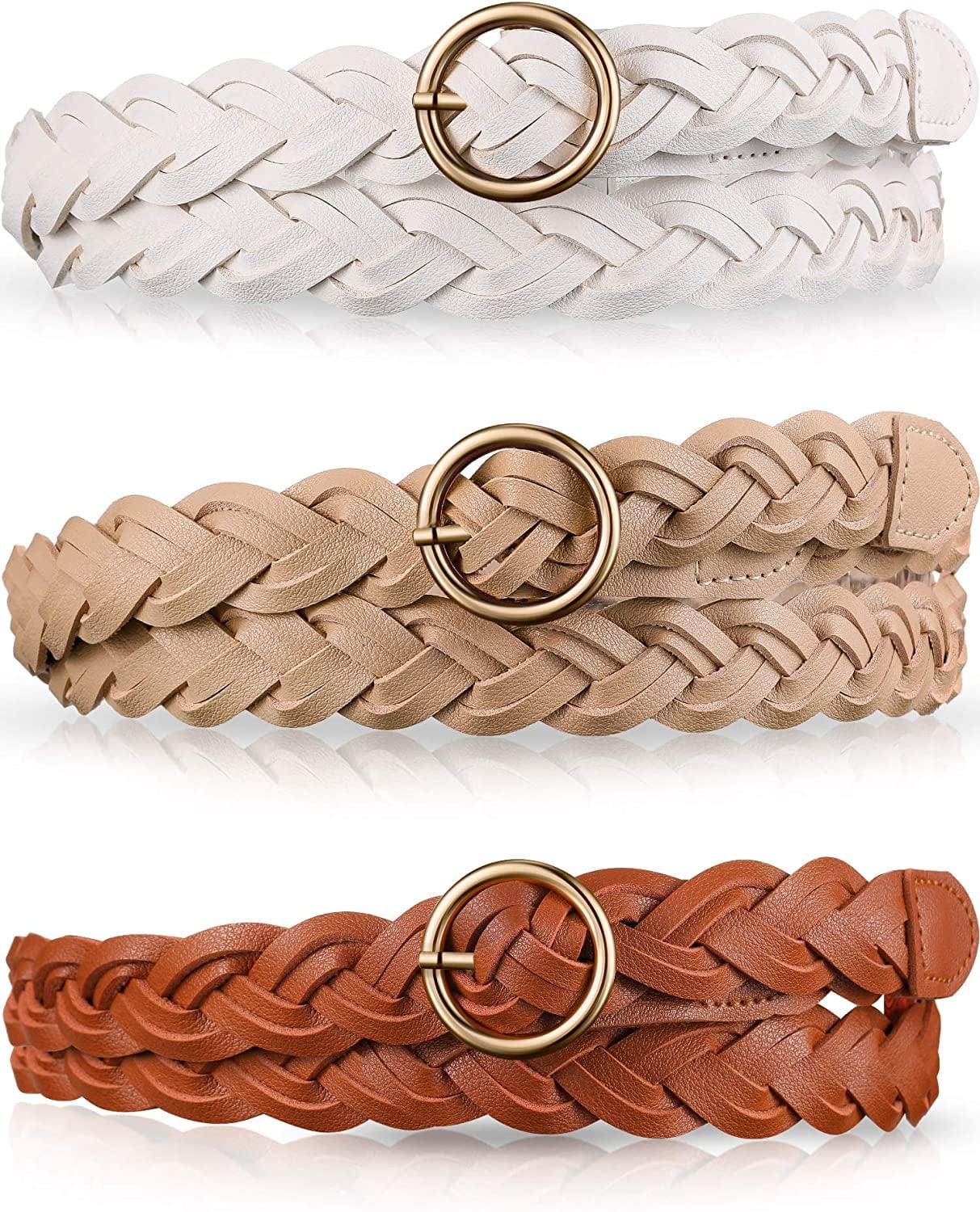 3 Pieces Women'S Braided Leather Belt Skinny Woven Braided Belt O-Ring Buckle Leather Belt for Dress, Jean, Skirt, Pant Apparel & Accessories > Clothing Accessories > Belts SATINIOR White, Khaki, Light Brown