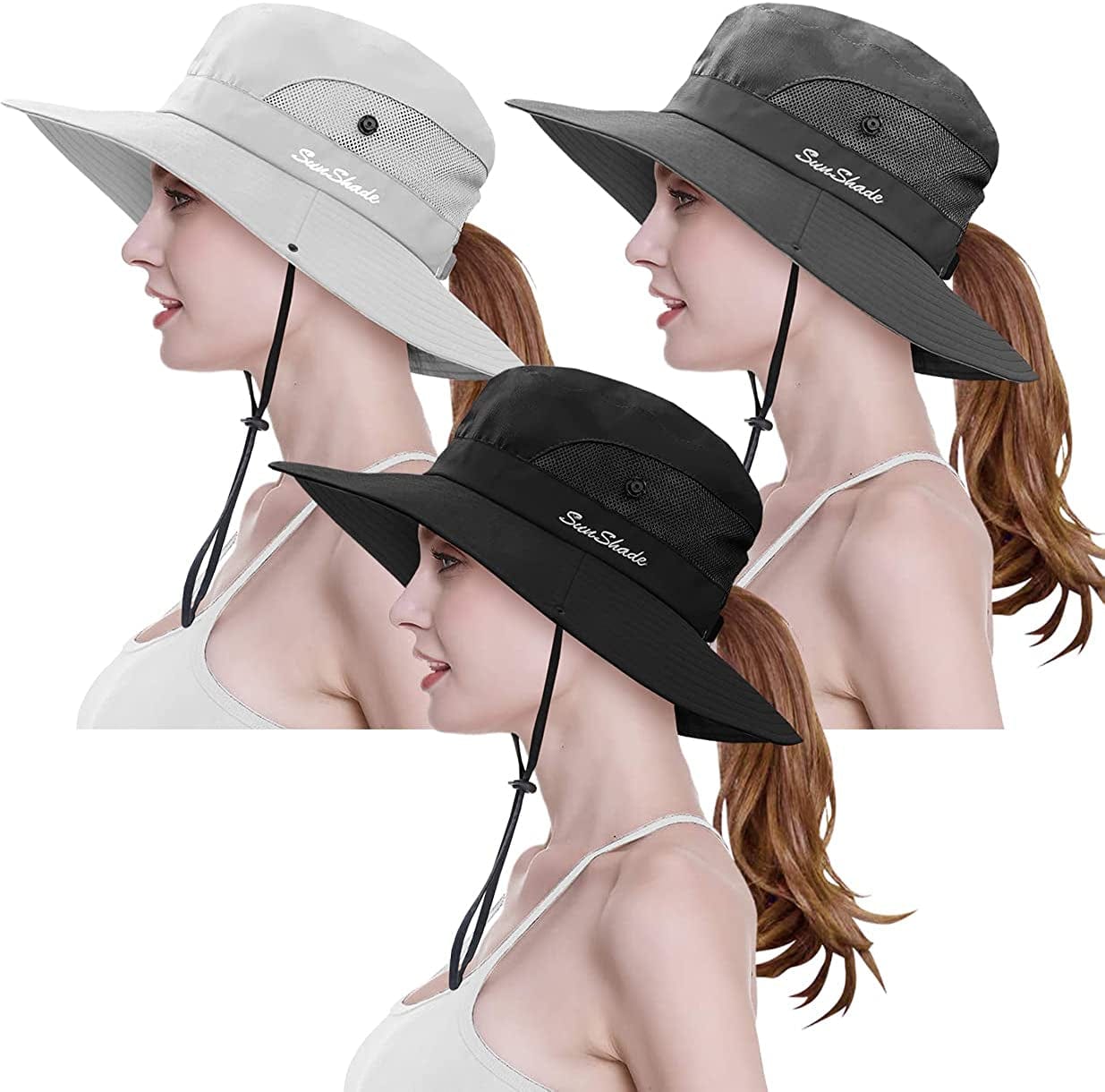 3 Pieces Womens Ponytail Wide Brim Sun Hat Packable UV Protection Beach Cap for Fishing & Hiking Apparel & Accessories > Clothing Accessories > Hats LCZTN Black&gray&pure Beige