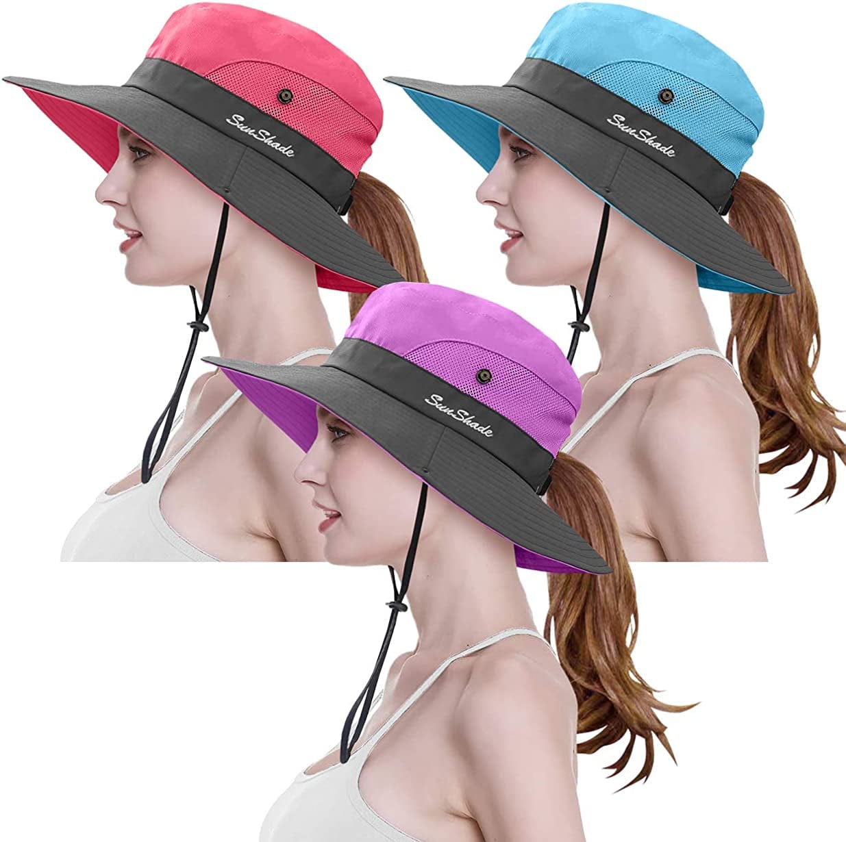3 Pieces Womens Ponytail Wide Brim Sun Hat Packable UV Protection Beach Cap for Fishing & Hiking Apparel & Accessories > Clothing Accessories > Hats LCZTN Purple&watermelon Red&sky Blue