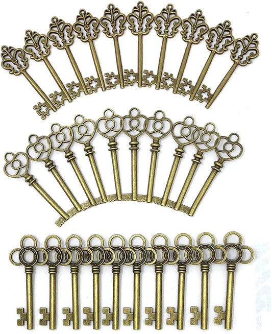 3 Type of 30 PCS Vintage Large Skeleton Key Set Charms, JIALEEY Mixed Antique Style Bronze Brass Key Set Charms for Pendant DIY Jewelry Making Wedding Party Favors