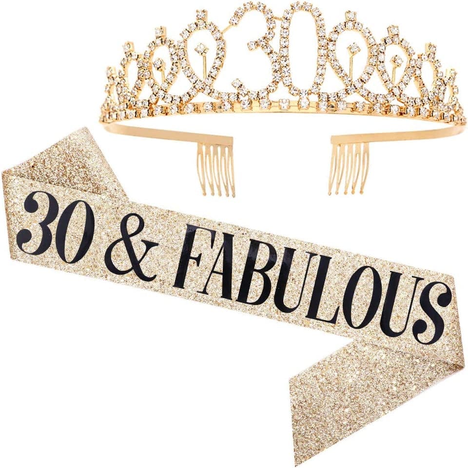 "30 and Fabulous" Sash & Rhinestone Tiara Set - 30Th Birthday Gifts Birthday Sash for Women Birthday Party Supplies (Gold Glitter with Black Lettering) Apparel & Accessories > Clothing Accessories > Sashes ADBetty