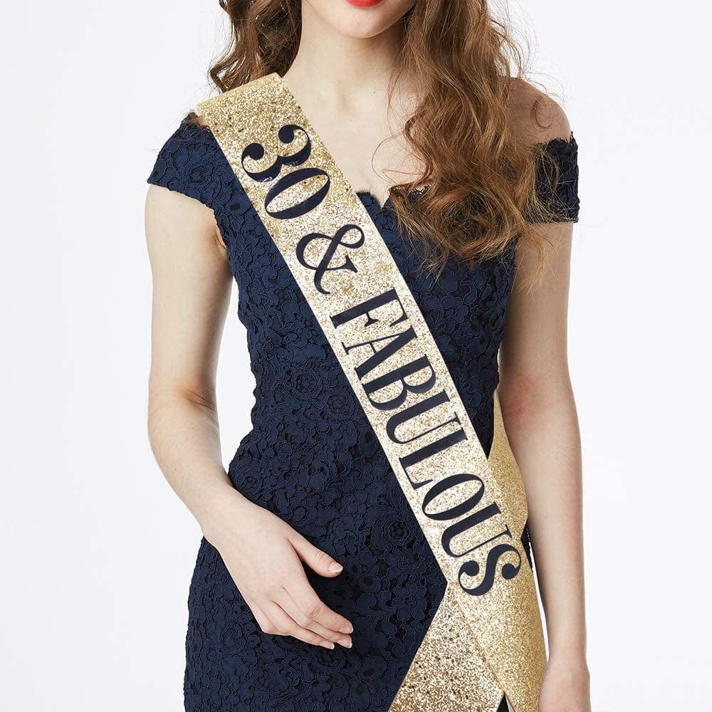 "30 and Fabulous" Sash & Rhinestone Tiara Set - 30Th Birthday Gifts Birthday Sash for Women Birthday Party Supplies (Gold Glitter with Black Lettering) Apparel & Accessories > Clothing Accessories > Sashes ADBetty