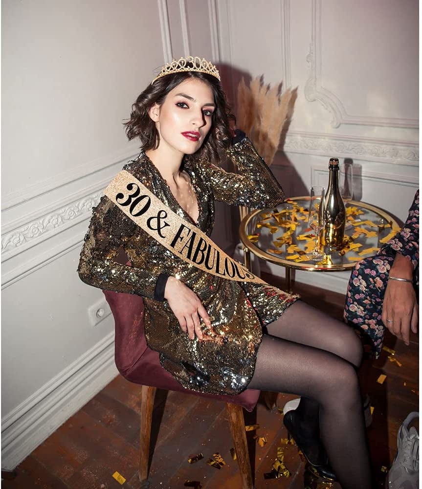 "30 and Fabulous" Sash & Rhinestone Tiara Set - 30Th Birthday Gifts Birthday Sash for Women Birthday Party Supplies (Gold Glitter with Black Lettering) Apparel & Accessories > Clothing Accessories > Sashes ADBetty