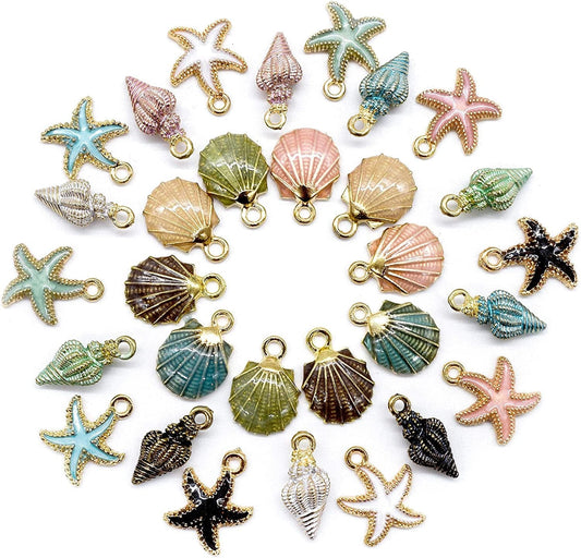 , 30 Pack Ocean Starfish Conch Seashell Enamel Charms Pendants for DIY Jewelry Making (Ocean Charms Style 1) Ocean Charms 1 / 30 Pack