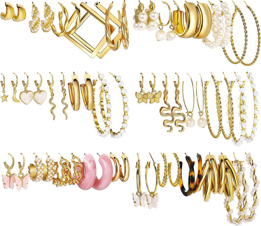 30 Pairs Gold Hoop Earrings Set for Women Girls, Fashion Chain Link Pearl Drop Earrings for Women Multipack Hypoallergenic Earrings for Birthday Party Jewelry Gift Apparel & Accessories > Jewelry > Earrings ShowAgain 1-gold